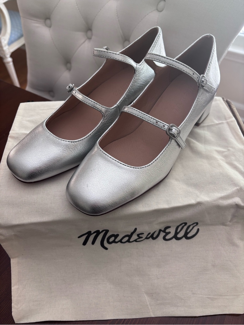 Madewell Bright Silver Metallic Leather Mary Jane Heels